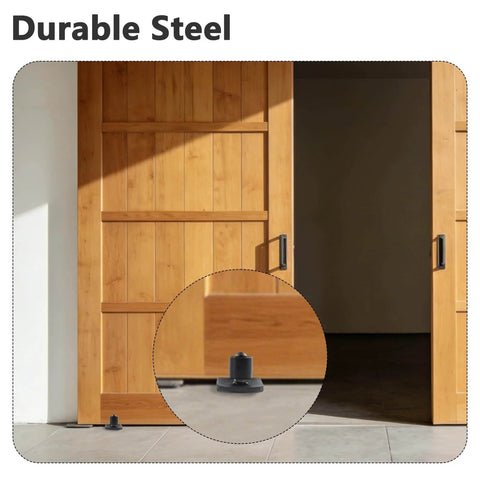 Four Pack Black Sliding Barn Door Floor Guides Flush Wall Mount installed at bottom of wooden barn door for alignment support