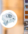 1/4-20 Cage Nut Set for Server Racks, zinc plated carbon steel, installed in a 19-inch rack cabinet with square-hole panel