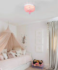 Candy Pink Acrylic Beaded Flush Mount Ceiling Light Three Light Chandelier In Rustic White Finish Cute Kid Room Decor