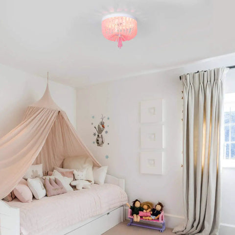 Candy Pink Acrylic Beaded Flush Mount Ceiling Light Three Light Chandelier In Rustic White Finish Cute Kid Room Decor