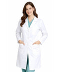 Med Pros Unisex Lab Coat With Belted Back 40 Inch White XL Lapel Collar Front Button Closure 1 Chest Pocket 2 Lower Pockets Durable Uniform Essential For Daily Lab Work worn by model