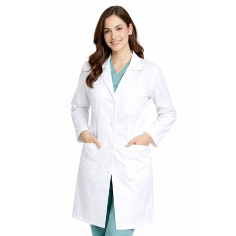 Med Pros Unisex Lab Coat With Belted Back 40 Inch White XL Lapel Collar Front Button Closure 1 Chest Pocket 2 Lower Pockets Durable Uniform Essential For Daily Lab Work worn by model