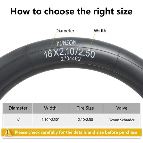 Two-Pack Tough As Nails Heavy Duty Bike Inner Tubes 16x2.10/2.50 With AV32mm Schrader Valve tire size guide