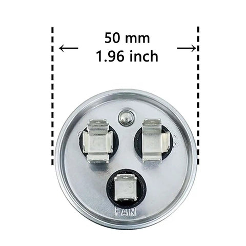 Top view of Beefed Up 55 Plus 15uF 250V CBB65B Dual Run Circular Start Capacitor, showing three terminals and 50mm diameter.