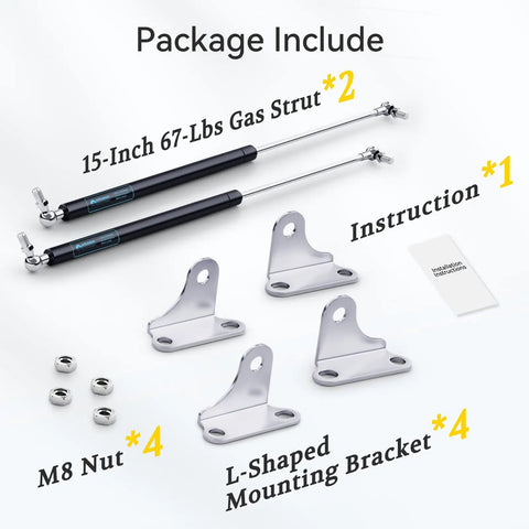 Heavy Duty Gas Struts 15 Inch With Brackets 2 Pack Smooth Lift Supports for RV Bed includes 2 gas struts and mounting brackets.