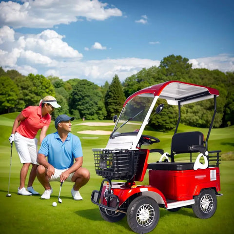 Heavy Duty Electric Golf Cart Passenger Cruiser Features Massive Storage Trunk And Slick 800W Motor Pushing 18MPH Over 50 Miles Per Charge For No Sweat Riding Anywhere on golf course.