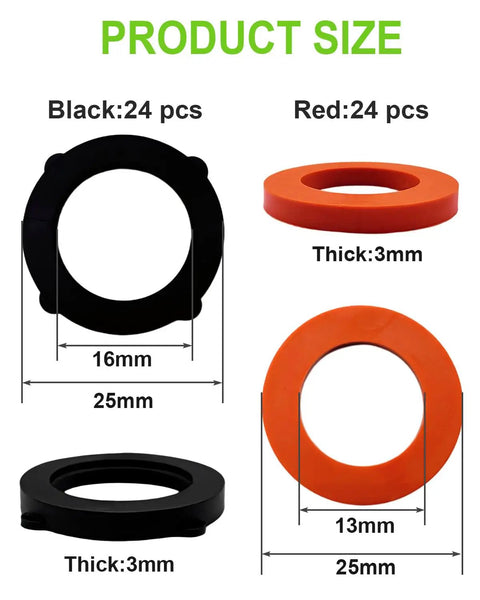 48 Piece Garden Hose Washers With Self Locking Tabs Leak Proof Black And Red Premium 3mm Thick Rubber Gaskets Size Chart