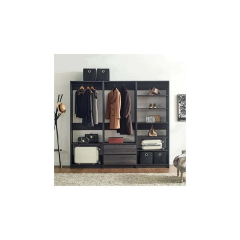 Freestanding Wooden Closet System Featuring Modular Cubbies And Hanging Rods Delivers Totally No Sweat Customizable Wardrobe Storage For Clothes Shoes And Accessories In Sleek Gray with coats and storage boxes.