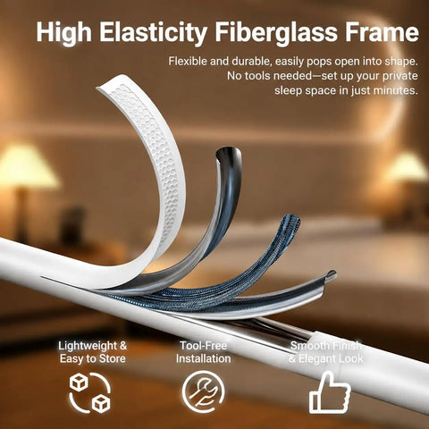 High elasticity fiberglass frame of Pop Up Mosquito Net For Bed With Full Bottom Coverage And Double Door Design, Easy Setup.