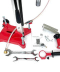 Bluerock 4Z1RB core drill on red rolling base; front view with wrenches, handle, and 1-4 inch diamond bit set