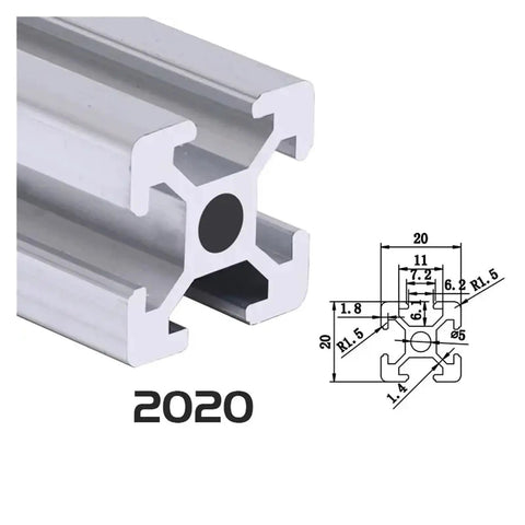 Close-up of 20x20 T-slot aluminum profile with technical drawing, part of Four Piece 20X20 TSlot Aluminum Profile Extrusion Frame Kit For CNC Machines 3D Printers Workbenches Camera Sliders And Furniture 100mm Length Sections Built To Last With Easy Modular Assembly.