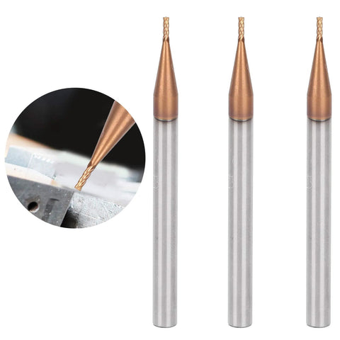 Front view: three tungsten carbide end mills with copper cutting tips; 4-flute, 10 mm cutting length.