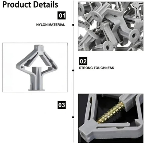 100 Pcs Gray Drywall Anchors Expansion Screws Kit For Plasterboard Walls With Self Tapping Screws, Rust-Resistant Yellow Zinc-Plated Carbon Steel, Easy Install, Strong Hold For TVs, Shelves, Mirrors, And Frames. Nylon drywall anchor close-up with self-tapping screw