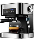 Kickass Semi Automatic Espresso Machine With 20 Bar Pump And Italian Style Frothing Wand For Hella Creamy Cappuccinos Featuring 1.6L Removable Water Tank, angled view with espresso brewing.