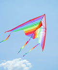 A colorful kite flying in blue sky, compatible with Go-To Ultra Lightweight Carbon Fiber Strips 1x3mm 400mm Pultruded for Kites.