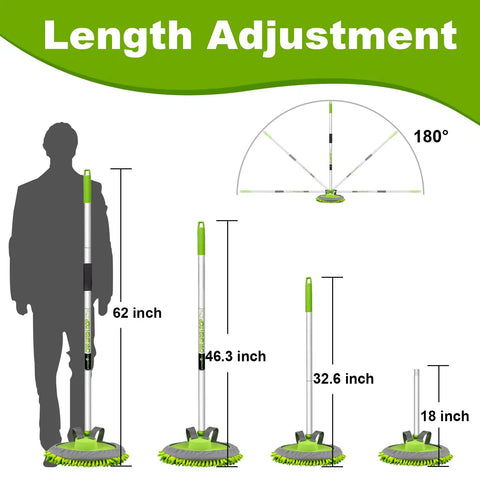 62 Inch Microfiber Car Wash Brush Mop Kit With Long Handle displayed in four adjustable lengths from 18 to 62 inches.