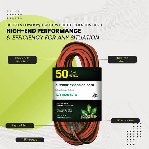 12/3 SJTW Outdoor Extension Cord With Lighted End, 50 Foot Long, Contractor Grade, Weatherproof, package details visible