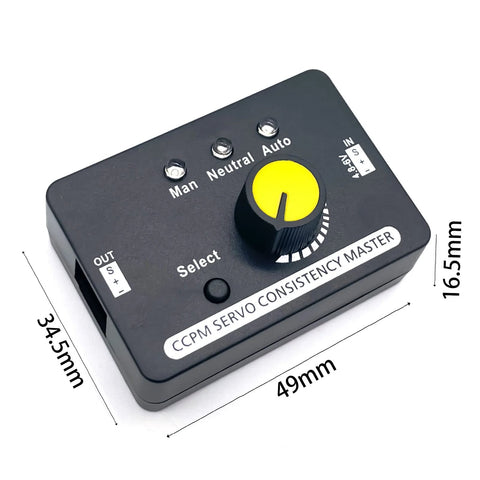 Front view of a black CCPM servo tester with a yellow knob, for RC airplanes and remote control models