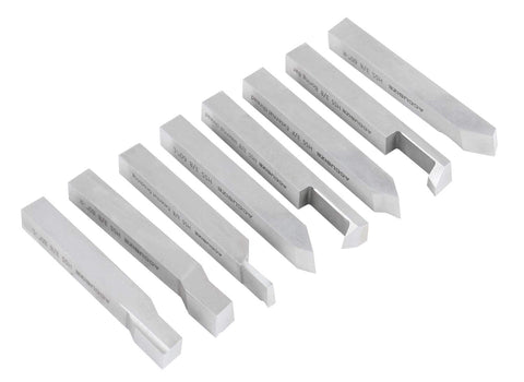 Pro-Grade 8 Piece Three Eighths Inch HSS Tool Bit Set For Turning And Facing Pre-Ground Lathe Tools with various angles