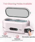 Upgraded 48KHz Ultrasonic Jewelry Cleaner Machine with 304 Stainless Steel Tank in pink, showing button operation and cleaning modes.
