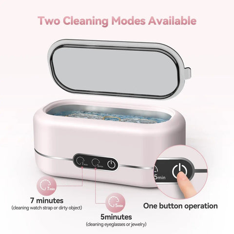 Upgraded 48KHz Ultrasonic Jewelry Cleaner Machine with 304 Stainless Steel Tank in pink, showing button operation and cleaning modes.