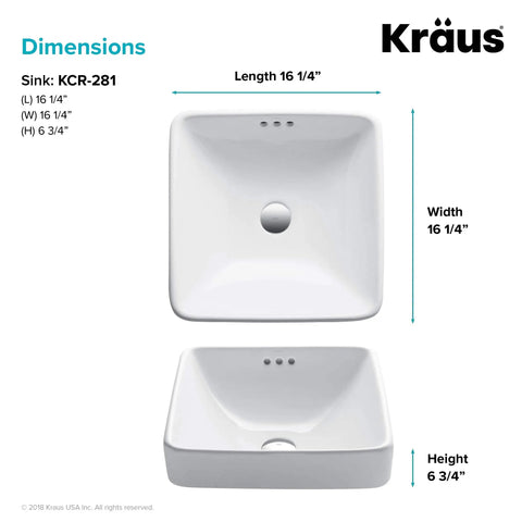 Elavo Square Vessel Sink With Overflow White Porcelain Ceramic Semi Recessed Bathroom Vanity Sink 16 And A Half Inch Scratch Resistant Easy To Clean High Gloss Glaze dimensions