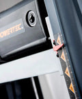 Close-up of the adjustment scale and motor on the Smooth As Glass 15 Amp Benchtop Thickness Planer for precise measurements.