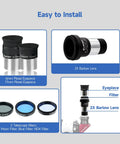 7 Piece Telescope Eyepiece And Filter Accessory Kit With 1.25 Inch Eyepieces, 2x Barlow Lens, three filters, labeled images