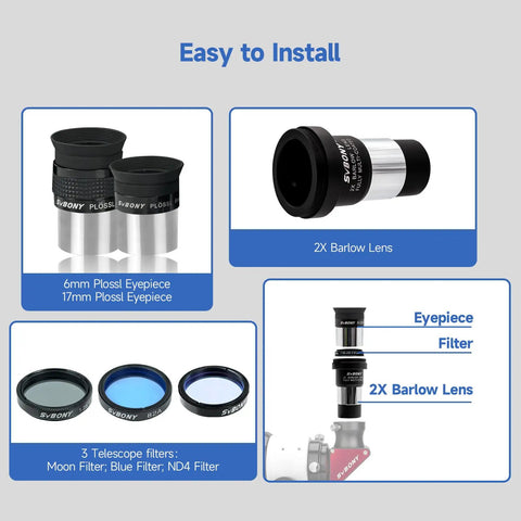 7 Piece Telescope Eyepiece And Filter Accessory Kit With 1.25 Inch Eyepieces, 2x Barlow Lens, three filters, labeled images