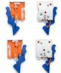 Slick Plastic Undermount Drawer Slide Front Locking Clip Pair showing orange and blue locking clips for smooth gliding drawers.