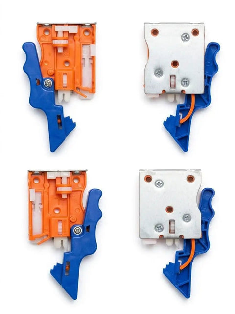 Slick Plastic Undermount Drawer Slide Front Locking Clip Pair showing orange and blue locking clips for smooth gliding drawers.