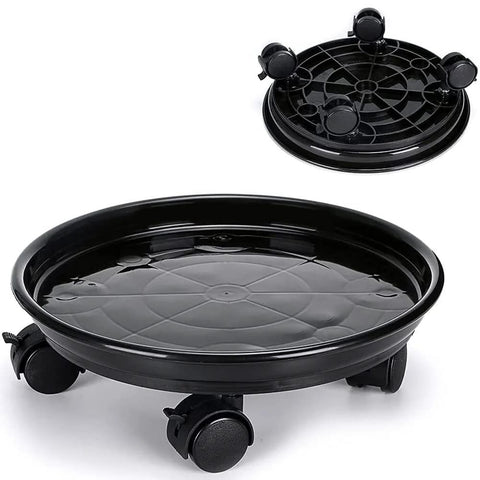 Black resin plant caddy with four wheels, part of Three Pack Rolling Plant Caddies With Wheels For Round Planters 13 Inch Diameter 3.5 Inch High.