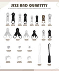 250 Piece Zipper Replacement Kit with sliders, pulls, and stops in silver, black, and brass for various repair needs.