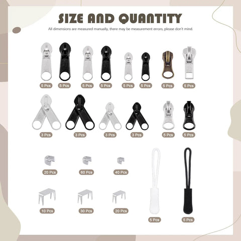 250 Piece Zipper Replacement Kit with sliders, pulls, and stops in silver, black, and brass for various repair needs.