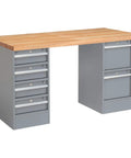 72 Inch By 30 Inch Heavy Duty Maple Butcher Block Workbench With Welded Steel Frame And Smooth Locking Drawers showing two side drawers in gray.