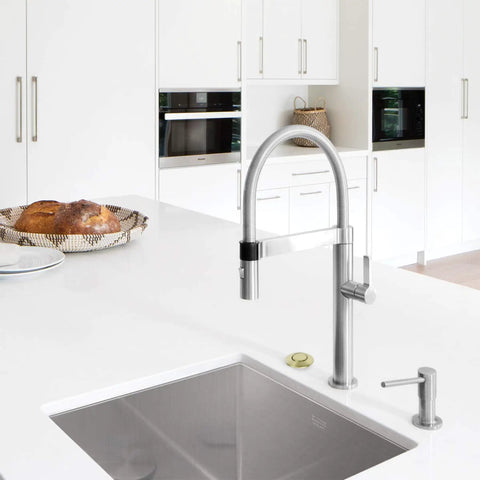 Brushed Gold Garbage Disposal Switch Kit With Cordless Air On Off Button for Food Waste Disposer on white kitchen countertop