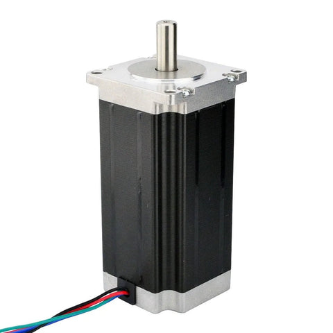 Stepper motor front view; Nema 23, 3Nm, black anodized body with silver end plate and multi-wire cable