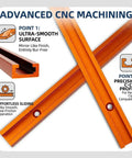 Knockout Aluminum T Track Kit For Woodworking Dead On Precise T Slot Slide Rails Built Tough With Table Saw Fence Guide And Router Jig Fixture Setup, ultra-smooth orange T-slot rails.