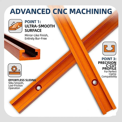 Knockout Aluminum T Track Kit For Woodworking Dead On Precise T Slot Slide Rails Built Tough With Table Saw Fence Guide And Router Jig Fixture Setup, ultra-smooth orange T-slot rails.