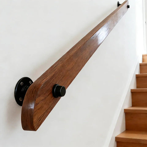 Built Tough Wall Mount Wood Handrail With Industrial Pipe Brackets For Indoor Staircases Hallways And Landings smooth surface close-up against wall.