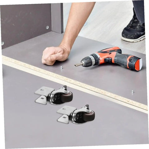 4 Pack Heavy Duty Swivel Casters Rolling Smooth As Silk With Retractable Kickback Locks on a workshop table during assembly.