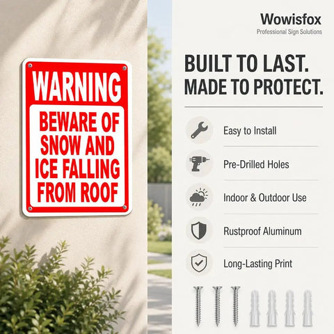 Warning sign, 'Beware of Snow and Ice Falling from Roof,' red and white, mounted on wall with installation features listed.
