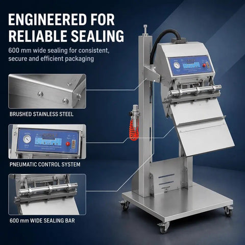 Big Time Vertical Pneumatic Vacuum Sealer with 600mm Stainless Steel Sealing Bar on rolling cart, pneumatic control system visible.