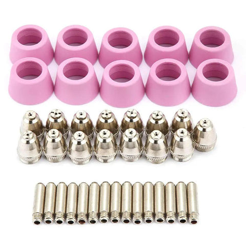 Top Grade 40 Piece Plasma Cutter Consumables Set With Ceramic Cups, Electrodes And Nozzles For Cut60 Lgk60 60 Amp Machines, featuring ceramic cups and nozzles.