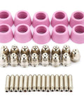 Jiawu Plasma Cutter Consumables Kit With 40 Pieces Electrode Nozzles And Ceramic Cups For CUT60 LGK60 Torch, showing pink ceramic cups, silver nozzles, and connectors.