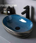 UYTROPLK Bathroom Vessel Sink Small Oval Ceramic Outdoor Indoor Bathroom Vintage Pedestal Basin with Accessories Patio Washbasin Bathroom Sink, blue ceramic design, modern faucet, dimensions 475X350X130MM.