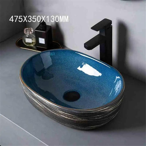 UYTROPLK Bathroom Vessel Sink Small Oval Ceramic Outdoor Indoor Bathroom Vintage Pedestal Basin with Accessories Patio Washbasin Bathroom Sink, blue ceramic design, modern faucet, dimensions 475X350X130MM.