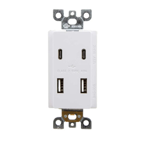 Front view of Four USB Ports Wall Outlet With Two USB Type C And Two USB Type A High Speed Charging, Vertical Multi Plug Socket