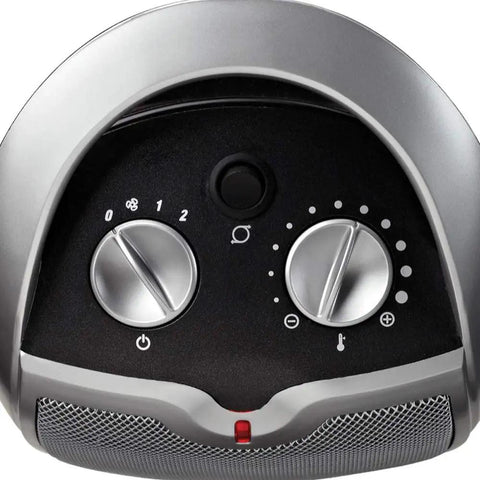 Control panel of Oscillating Ceramic Tabletop Space Heater With Adjustable Thermostat Carrying Handle Two Quiet Heat Settings And Fan Only Mode 11.6 Inches Silver Compact Space Saving Home Heating Solution.