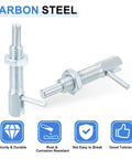 Built Tough Heavy Duty M10 Carbon Steel Plunger Pins Four Pack close-up of carbon steel plunger pins, durable design, rust resistant.